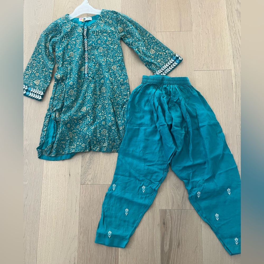 Teal Patterned Floral Kurta & Shalwar